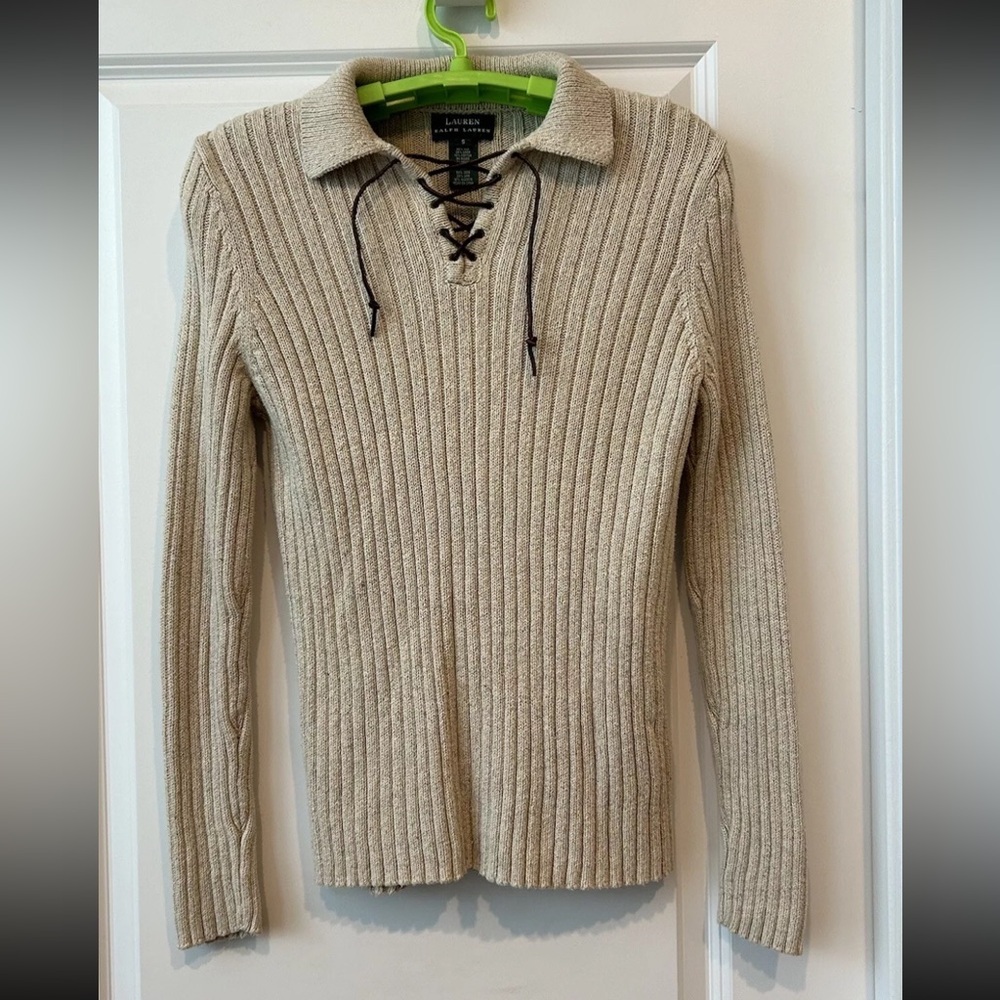 Lauren Ralph Lauren beige ribbed sweater leather laced neckline Sz S Y2K Preppy